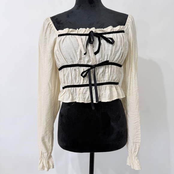 Thirty Thirty Tops - Thirty Thirty Milkmaid Smocked Crop Top Med. Cream Black Bows Ren Faire Peasant